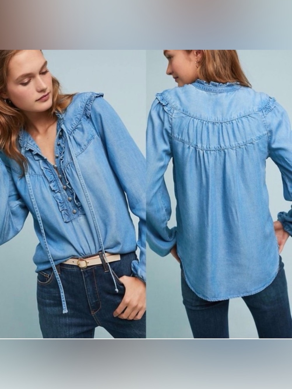 ANTHROPOLOGIE MAEVE CHAMBRAY DENIM RUFFLE TIE BLOUSE TOP LONG SLEEVE SZ MEDIUM